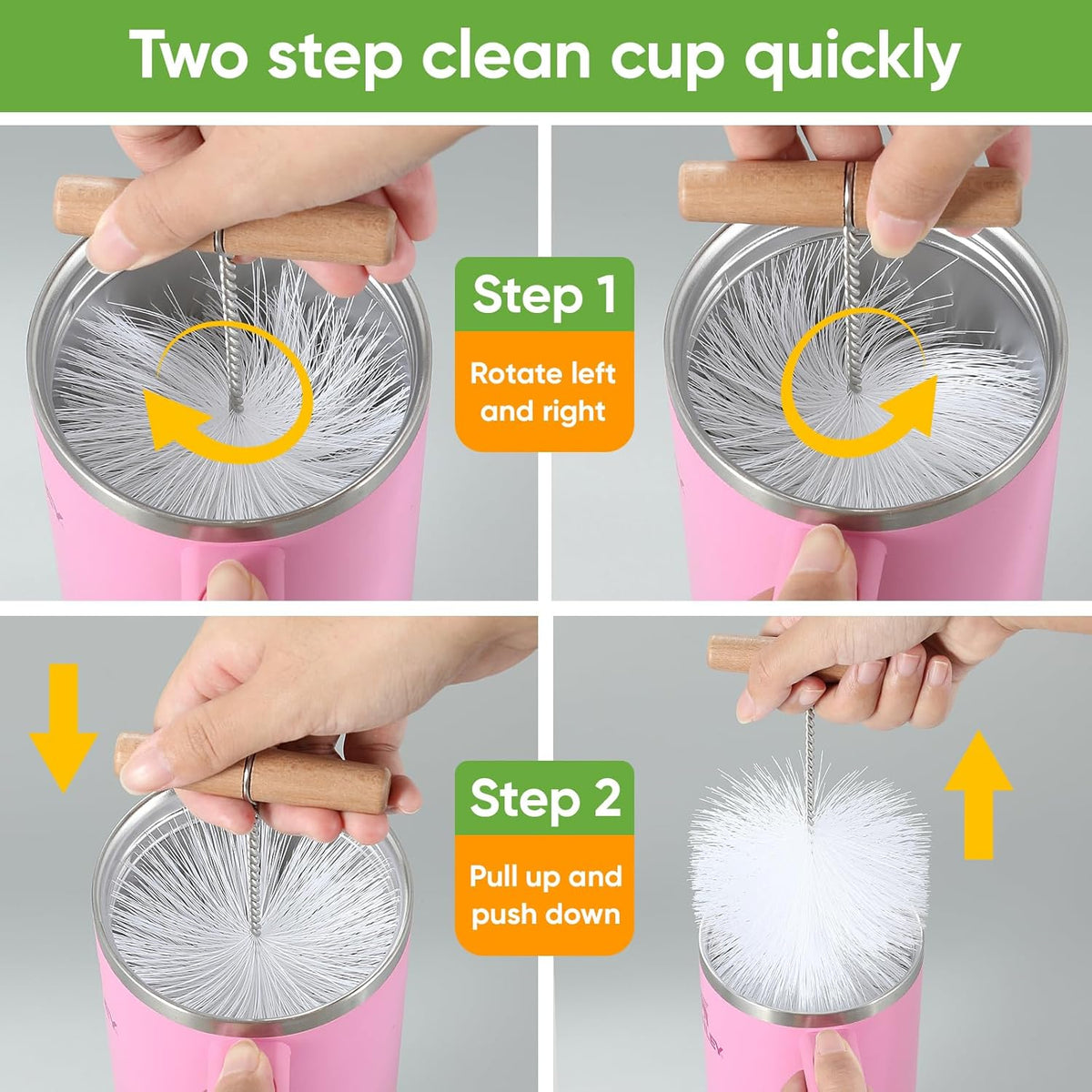 Skiennix 3-Piece Bottle Cleaning Brush Set - Long Wooden Handle for Tumblers & Mugs | Includes Straw & Lid Brushes