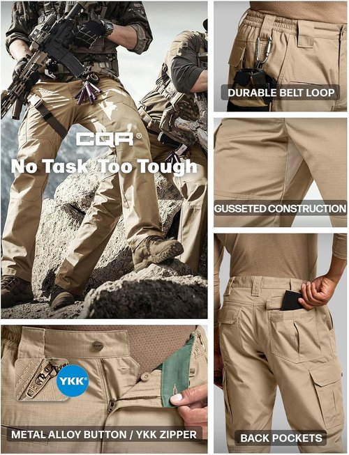 CQR Men's Tactical Pants - Lightweight Water-Resistant Ripstop Cargo Pants for Outdoor Hiking