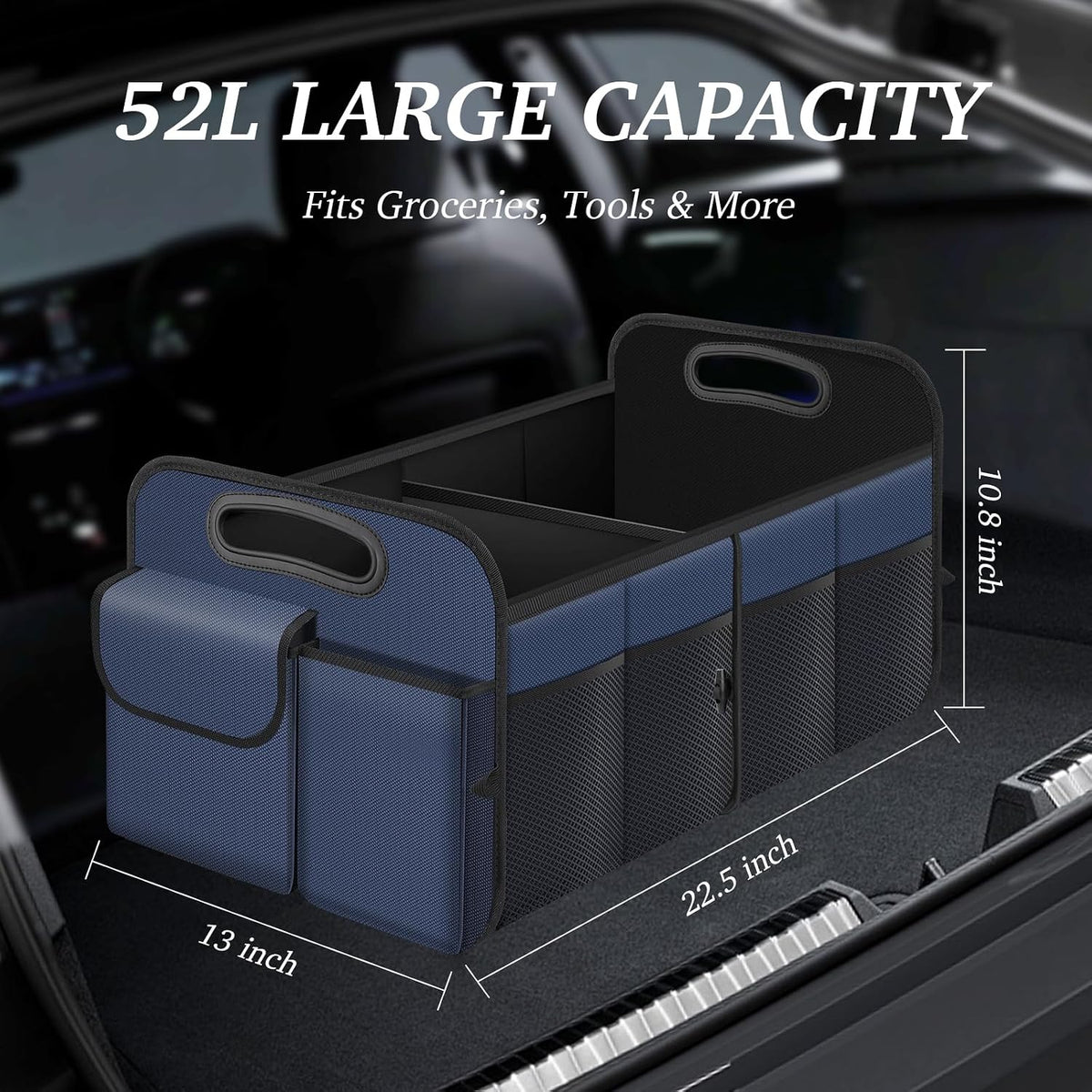 Trunk Organizer, Collapsible Waterproof Multi-Compartment Trunk Organizer for SUVs & Sedans, Car Storage with Reinforced Handles, Car Accessories for Women and Men, 52L