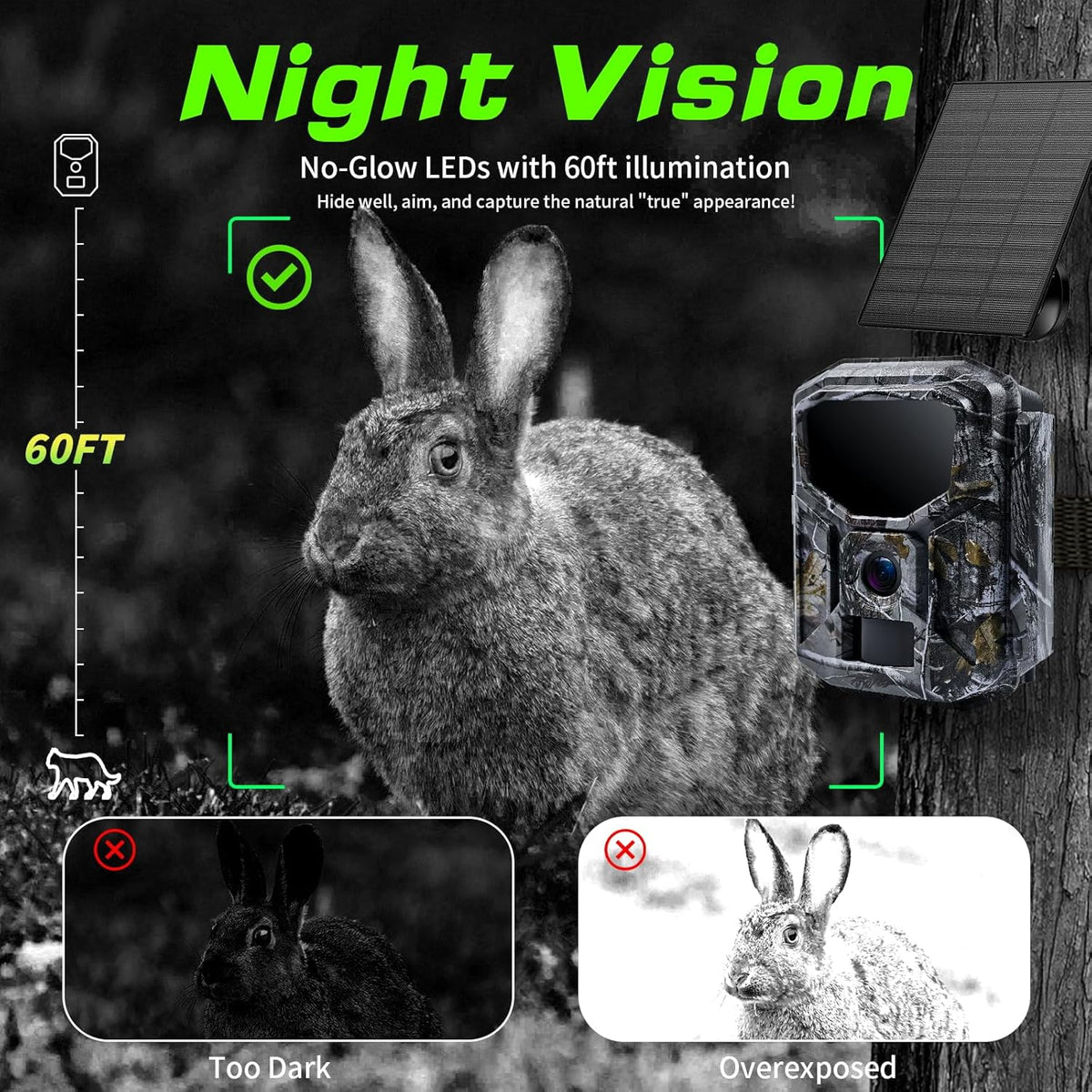 Trail Camera - Solar Powered 4K 60MP WiFi Game Camera with 0.1s Trigger & 7800mAh Battery | 65FT Detection, Night Vision, IP66 Waterproof, 32GB Card Included