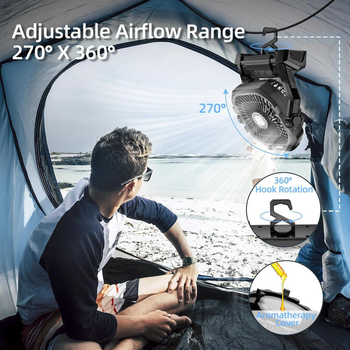 Camping Fan Rechargeable, 20000mAh Battery Powered Portable Fan with LED Light & Hook, 4-Speed 270° Adjustable, Camping Essentials for Tent, Travel, Car, Outdoor, Indoor, BBQ, Fishing, Jobsite