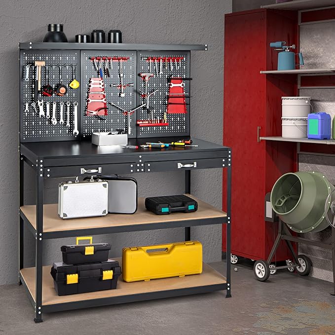 Goplus Work Bench with Storage, 48" x 24" Work Table with Pegboard, 2 Drawers, Hanging Accessories, Topping Space, 4-Tier Heavy Duty Metal Tool Storage Bench, Workbench for Garage, Workshop