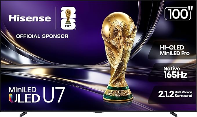 Hisense 100" U7 Mini-LED ULED 4K UHD Best Premium Gaming Smart Google TV (100U7SG, 2026 New) - Hi-QLED, Native 165Hz, VRR 288, High Brightness, HDR10+, Dolby Vision IQ·Atmos, IMAX Enhanced, 2.1.2 Ch