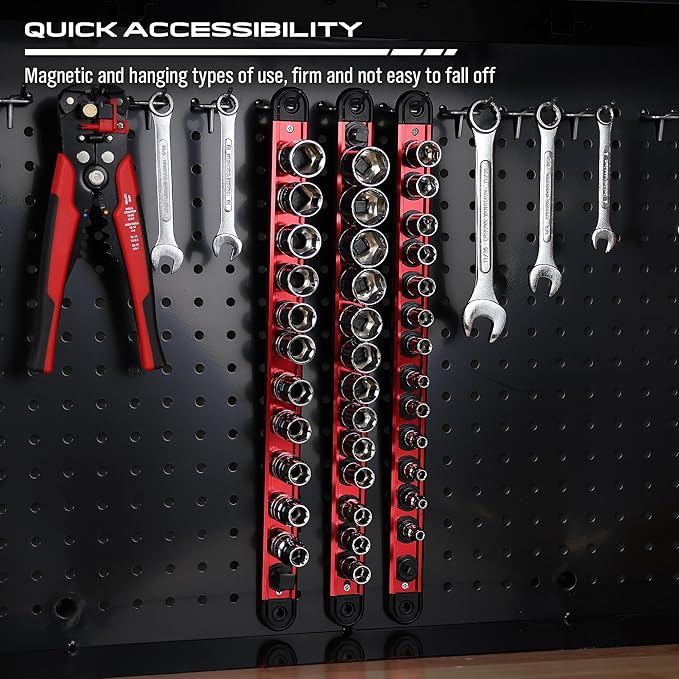 Magnetic Socket Holder Organizer Set: 3/8 Detachable Socket Trays Socket Organizer for Tool Box Drawer Holds 14-Piece Standard Size Sockets for Automotive Mechanic Garage(Red)