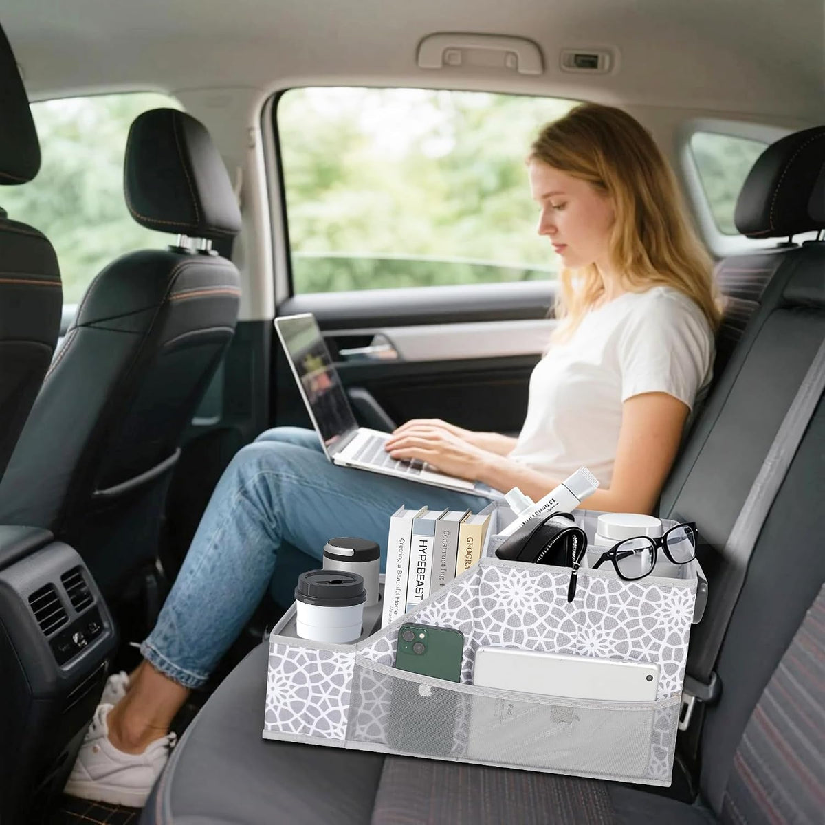 CROS 2 Pack Car Seat Organizer with Metal-Reinforced Cup Holders, 12 Storage Compartments Backseat Car Organizer, Travel Essentials for Kids Toys & Snacks, Non-Slip Seat Storage for SUV, Truck, Print