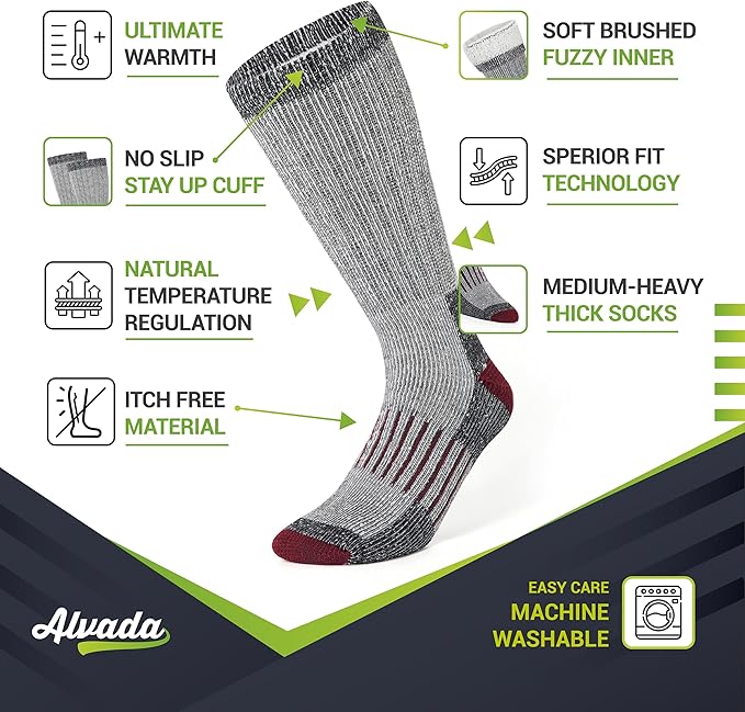 Alvada Warm Thermal Wool Socks for Winter Moisture Wicking and Breathable Cozy Boot Socks