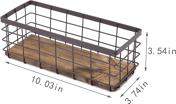 TIEYIPIN Small Metal Wire Storage Basket, Detachable Wood Base Storage Organizer Bin Basket for Kitchen Cabinets, Bathroom, Pantry, Garage, Laundry Room - Brown