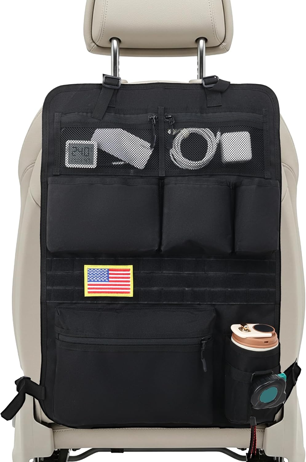 Tactical Car Seat Back Organizer, 600D Nylon MOLLE Seat Organizer with 6 Pockets, Hook and Loop Panel, Universal Fit for Car SUV Truck Jeep, Black