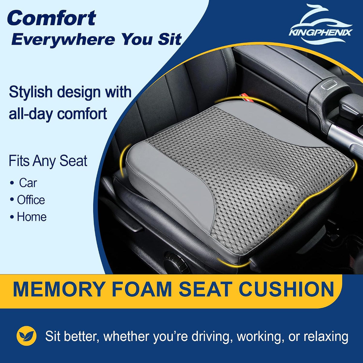 kingphenix Memory Foam Car Seat Cushion for Driving Comfort and Office Use