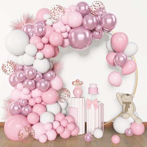 Amandir 153-Piece Pink & White Balloon Arch Garland Kit | Pastel Latex & Metallic Confetti Balloons for Weddings & Parties