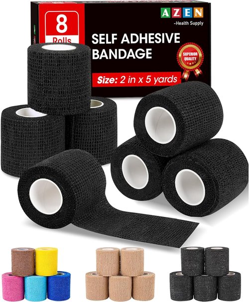 AZEN Self-Adhesive Bandage Wrap - 8 Pack, 2" X 5 Yards, Elastic Cohesive Tape in Black for Athletic Use | Vet & Tattoo Grip