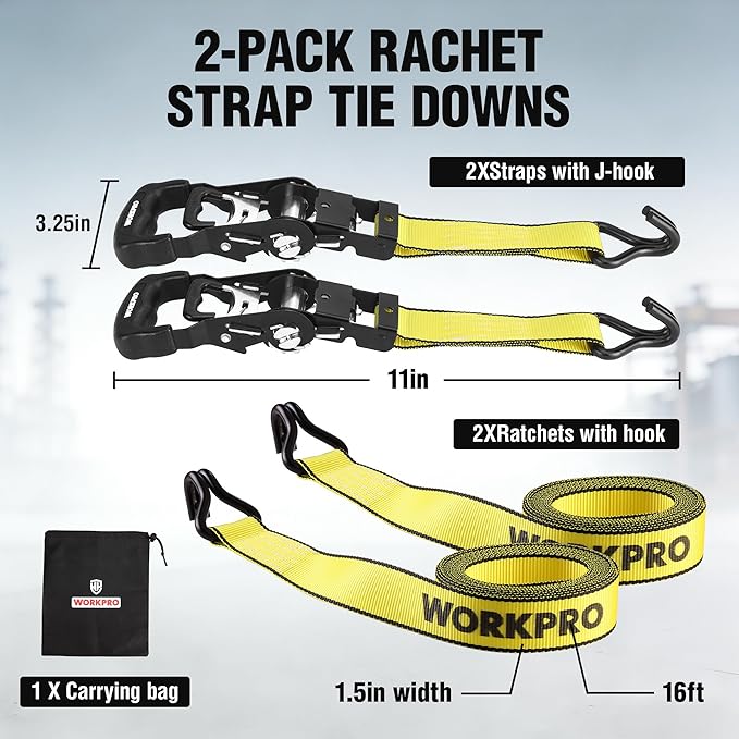 WORKPRO Ratchet Tie Down Straps, 2-Pack | 1.5" x 16' | 3300 lbs Break Strength Heavy Duty Ratchet Straps, Fits for Moving Appliances Motorcycle ATV Truck (Yellow)