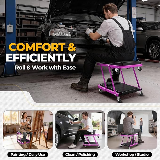 Auto Dynasty 48" Z-Creeper Seat, 2-in-1 Foldable Garage Creeper Shop Seat, 330 LBS Capacity Automotive Mechanic Repair Under Car Rolling Creeper Seat, Purple