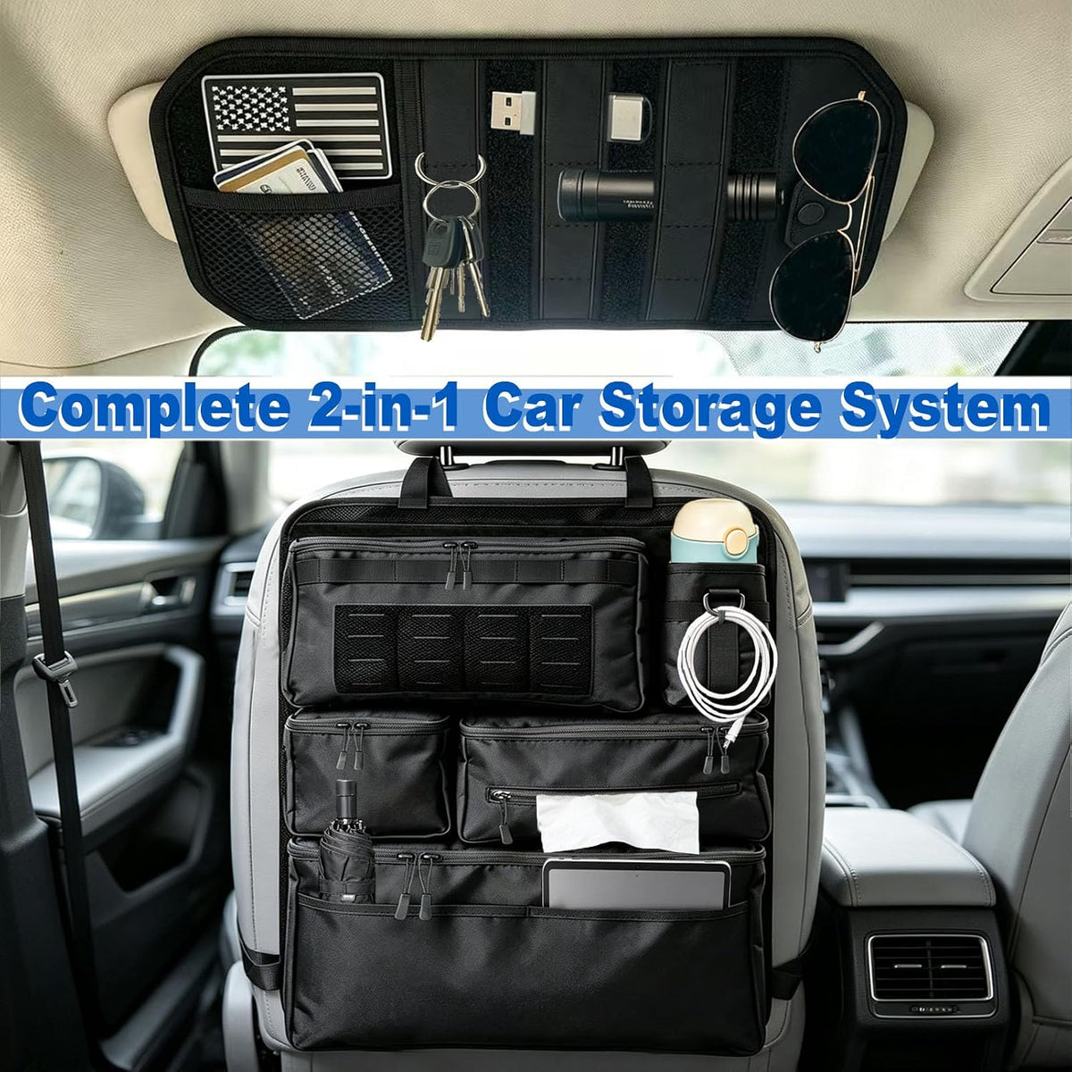 2-in-1 Car Organizer Kit – Seat Back + Visor MOLLE Pouches