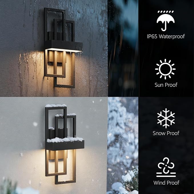 16" Modern Outdoor Led Wall Light,12W 3000K Exterior Hardwired Sconces Light Fixture,IP65 Waterproof Wall Mounted Wall Lamp for Front Door Garage Patio Porch(Balck,1-Pack)