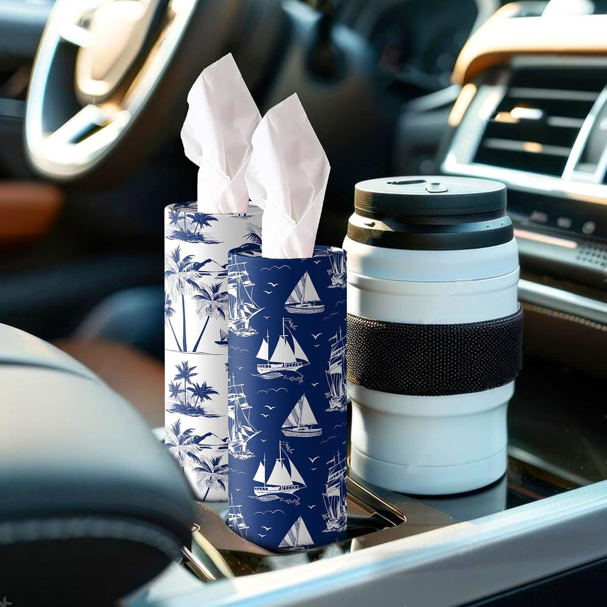 4 Pcs Nautical Round Tissues Box Car Holder Set with Facial Tissue Bulk Nautical Travel Tubes for Car - 50 Sheets Cylinder Face Towel Containers Fit for Cup Holder Round Storage for Car, Travel