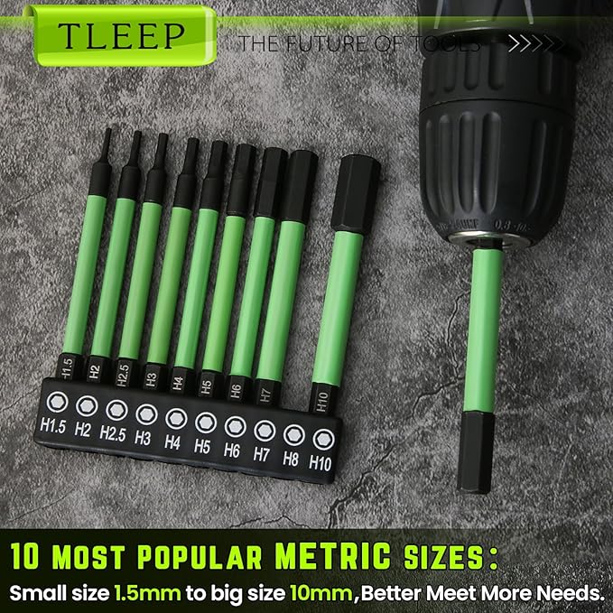 3.5" Long 1/4" Hex Head Allen Wrench Drill Bits + Quick Change Bit Driver, Metric 1.5MM to 10MM Impact Driver Bit Set, Magnetic Tips Magnetic Screwdriver Bits Hex Drill Bit Set, S2 Steel