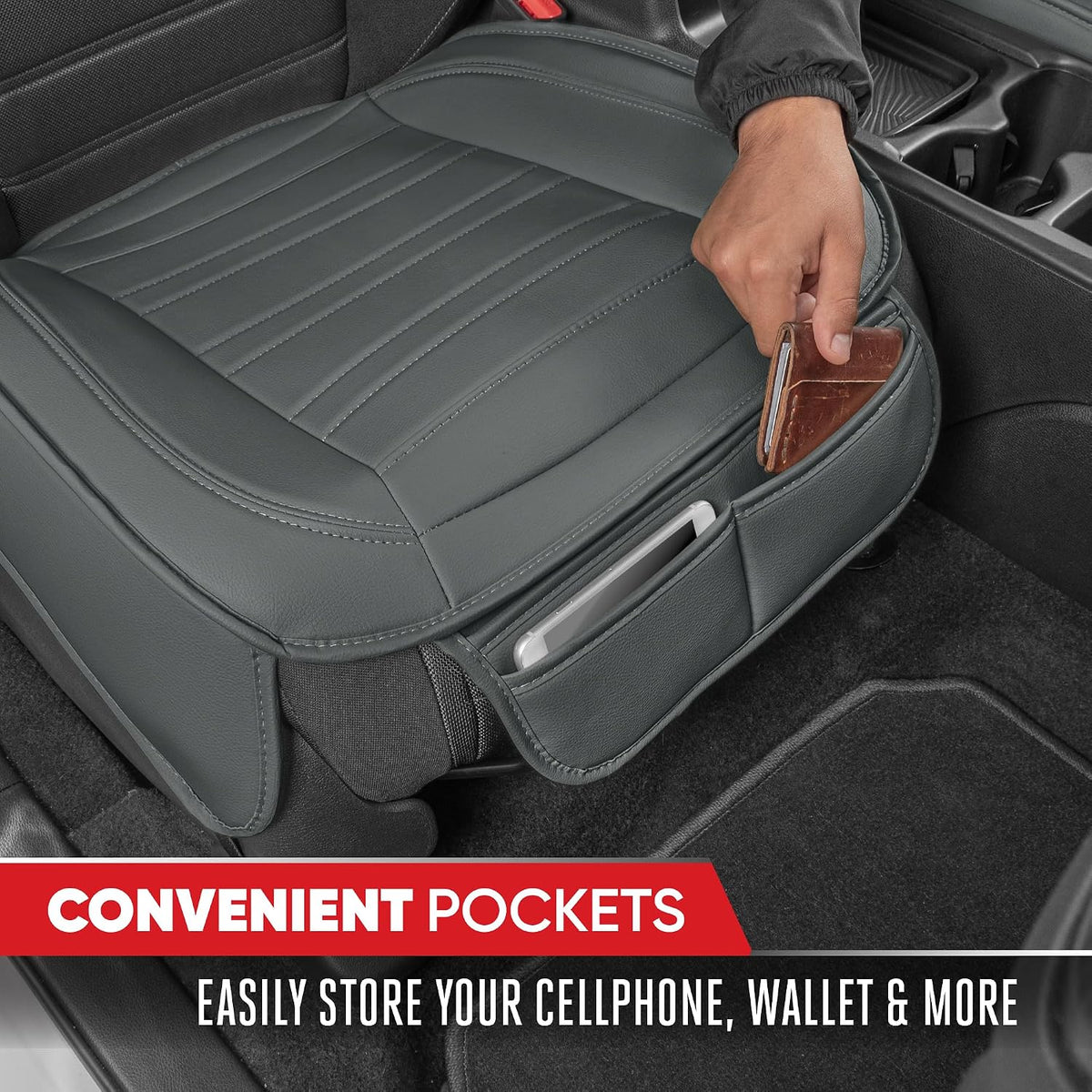 Motor Trend Seat Covers for Cars Trucks SUV, Faux Leather 2-Pack Gray Padded Car Seat Covers with Storage Pockets, Premium Interior Seat Cover