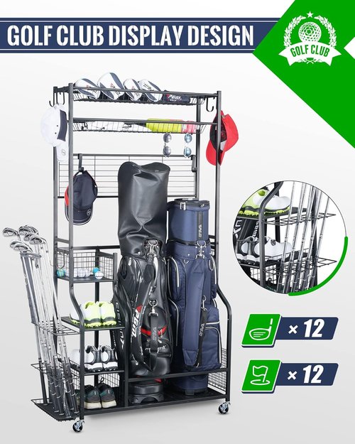 Mythinglogic Golf Bag Storage Organizer - 2-Bag Stand with 4 Removable Hooks | Golf Equipment Rack