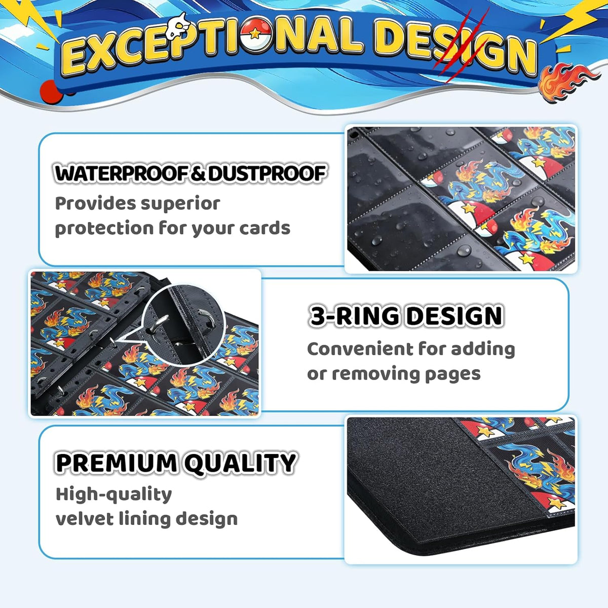 Skiennix Trading Card Binder - 900-Pocket 3-Ring Zipper Holder with 50 Removable Sleeves | Aqua Breath