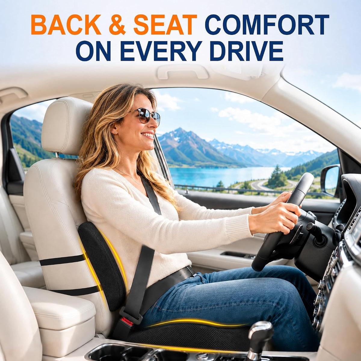 Allaboutsla Car Seat Cushion and Lumbar Back Support Pillow Set for Driving | Memory Foam Car Seat Cushions, Back Support for Car, Car Cushion for Height, Pressure Relief for Trucks, Office Chairs, Black