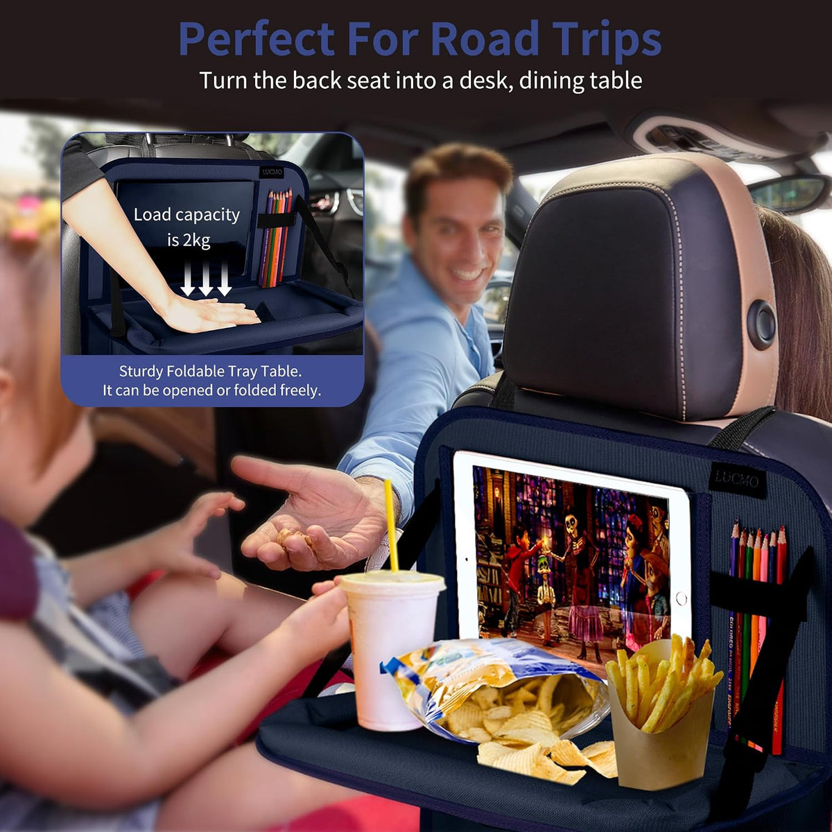 LUCMO Car Backseat Organizer with Foldable Tablet Holder, Dark Blue