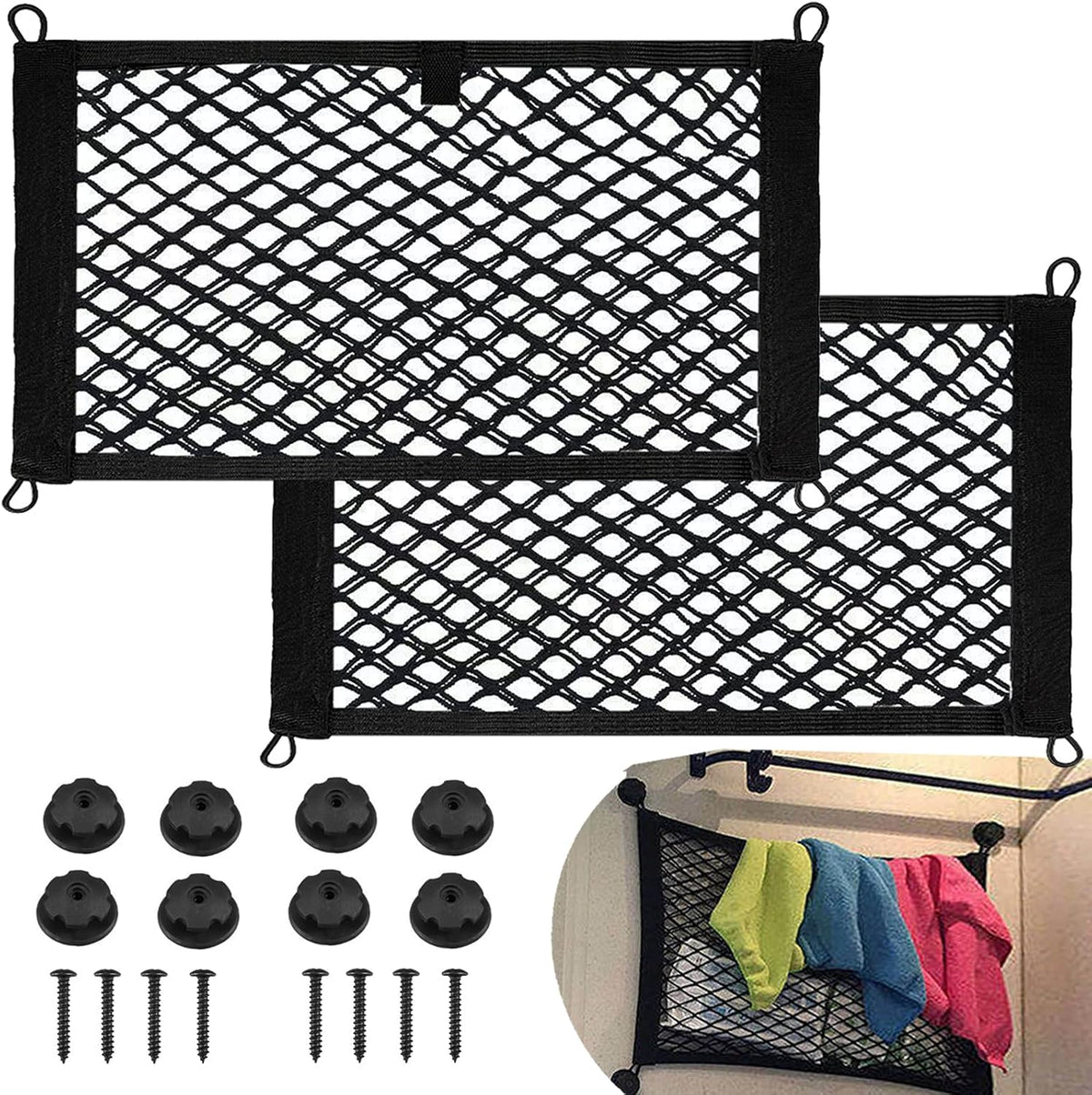 2 Pack Small Cargo Net Pocket Storage Mesh Net Elastic Automotive Cargo Nets Storage Pouch for Car Trunk Net, RV, Boat Storage Mesh Pocket Net with 8 Mounting Screws and Hooks (18 x 9.8 Inches)