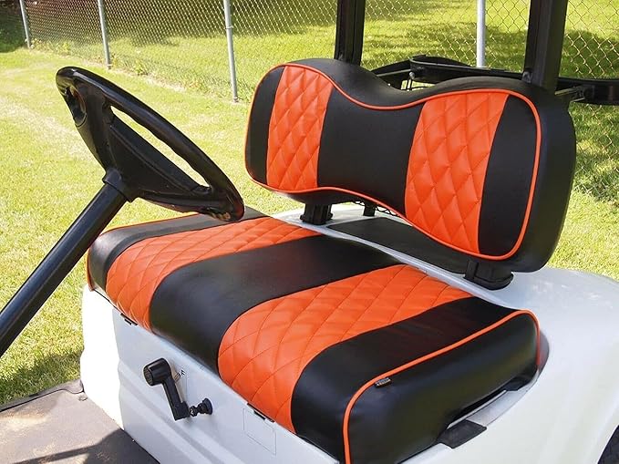 Huskey 4PCS Golf Cart Front/Rear Seat Covers for EZGO RXV 2008-UP G&E Models Custom Two-Tone Black/Orange Diamond Stitching with Orange Piping, Marine Grade Vinyl Material, Staple on Design