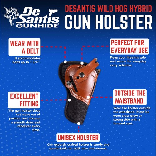 DeSantis Wild Hog Hybrid Revolver Holster - Hybrid Revolver Holster, OWB Holster compatible with Colt Anaconda 4", Dan Wesson 44VH 4", Ruger Redhawk 4", S&W N Frame 4", Classic Hunter - Ambidextrous