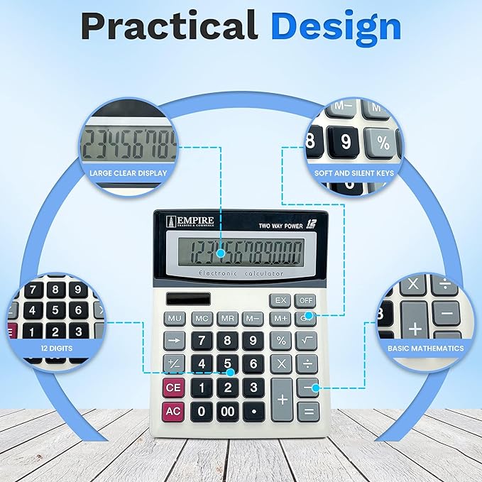 Empire Desk Calculator with Large Key Buttons, 12-Digit Large Eye-Angled Display