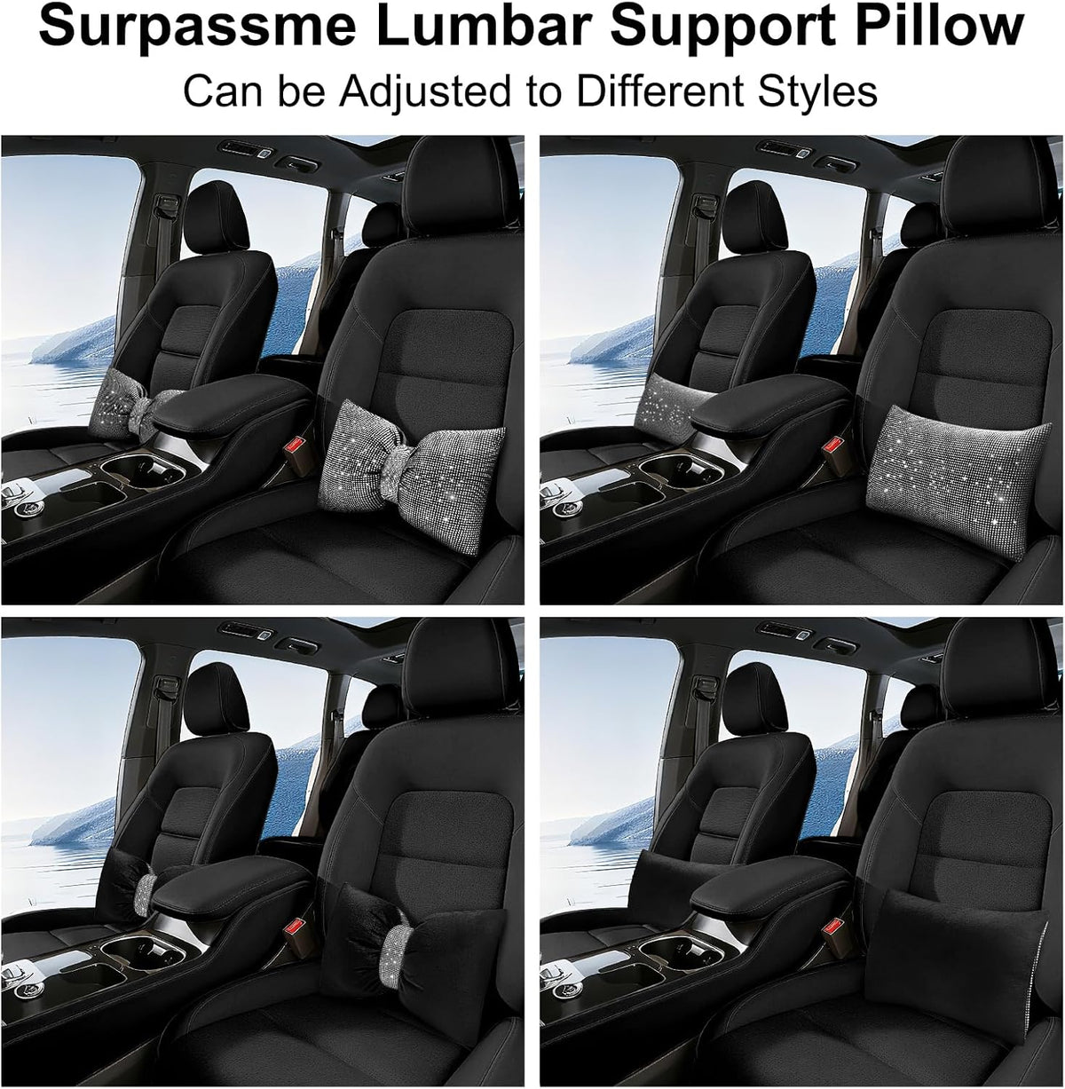 surpassme Rhinestone Lumbar Support Pillow for Car, Bling Back Support Pillow/Cushion Car Accessories for Women(White)