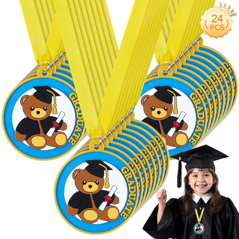 Trnayi 24 Pcs Kindergarten Graduation Medal for Kids 2 Inch Students Award Medals with Neck Ribbon PVC Preschool Graduation Award Medal for Graduation Gifts Party Favors Supplies