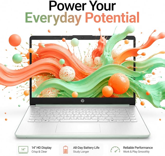 HP 14 Laptop for Students and Home Use, Intel Processor N150, 16GB RAM | 128GB UFS+256GB MSD, 14" HD Display, Wi-Fi 6, 1-Year Microsoft 365, Copilot AI Key, Lightweight, Willow Green, W/Mouse