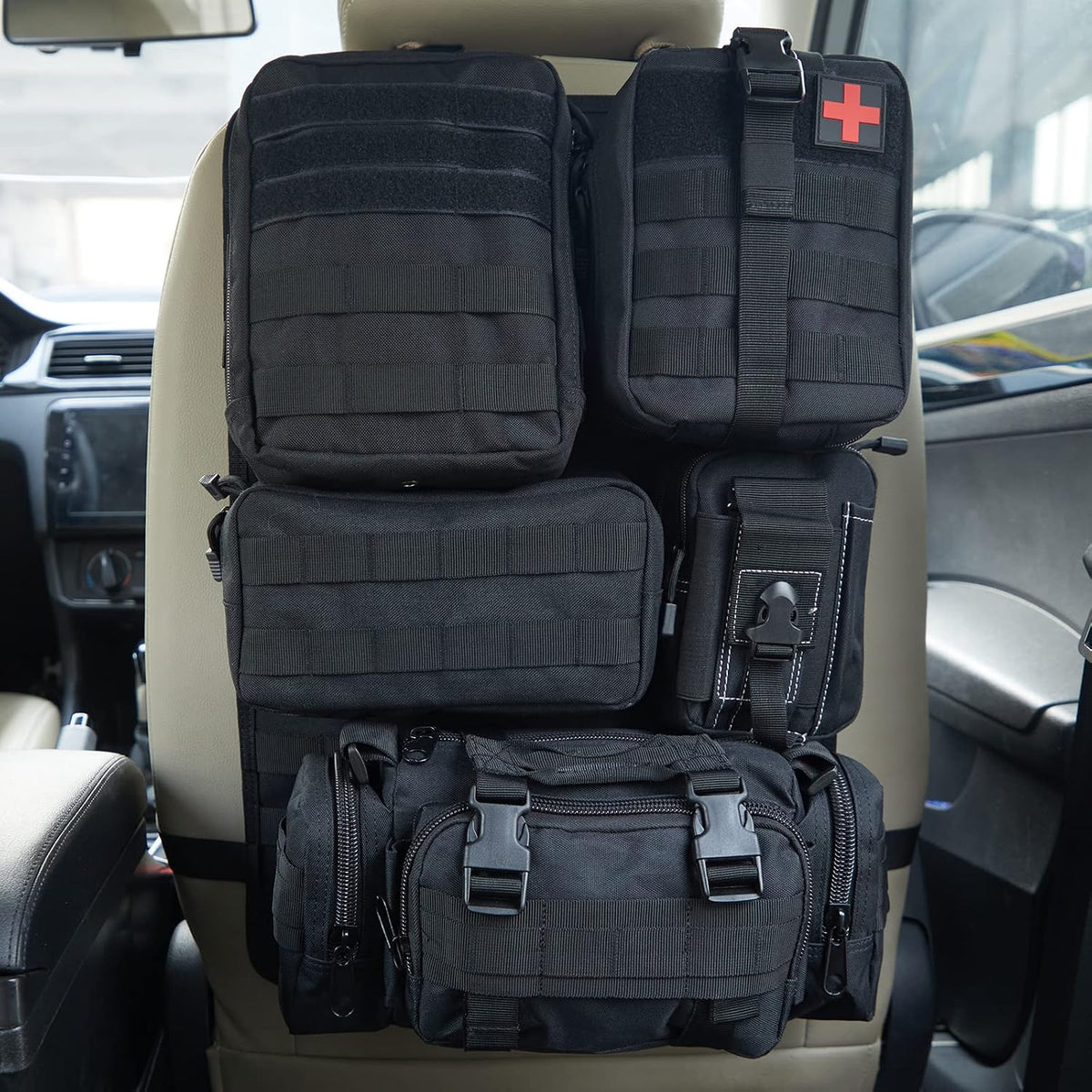 Universal Tactical Seat Back Organizer Vehicle Molle Panel Organizer Storage Bag with 5 Detachable Molle Pouch for All Vehicel Such as Jeep,Truck,SUV, Car, Ford,Chevy etc