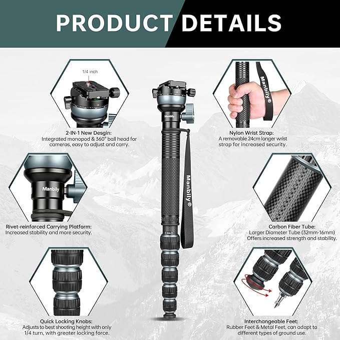 Manbily Camera Monopod with 360° Ball Bowl Head and 1/4inch Arca-Swiss Quick