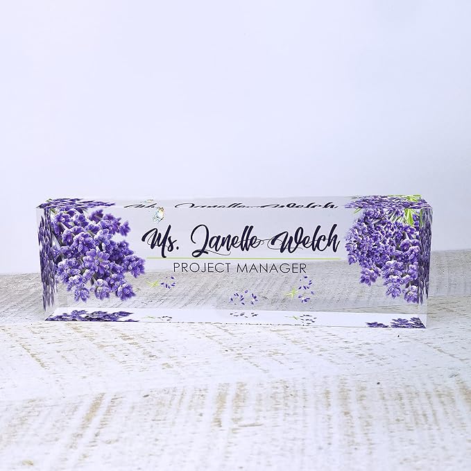 Artblox Personalized Name Plate for Desk | Lavender Design On Clear Acrylic Glass | Custom Desk Name Plate Personalized with Your Name and Credentials for Teacher Phd Military Office Name Plate