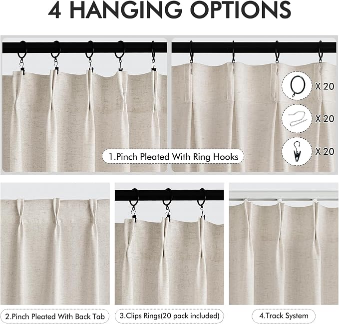 Memory Trained Pinch Pleated Curtains 100 Inches Long, Viral Linen Pinch Pleat