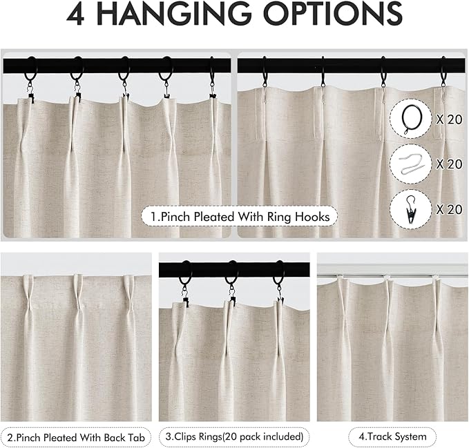 Memory Trained Pinch Pleated Curtains 72 Inches Long, Viral Linen Pinch Pleat