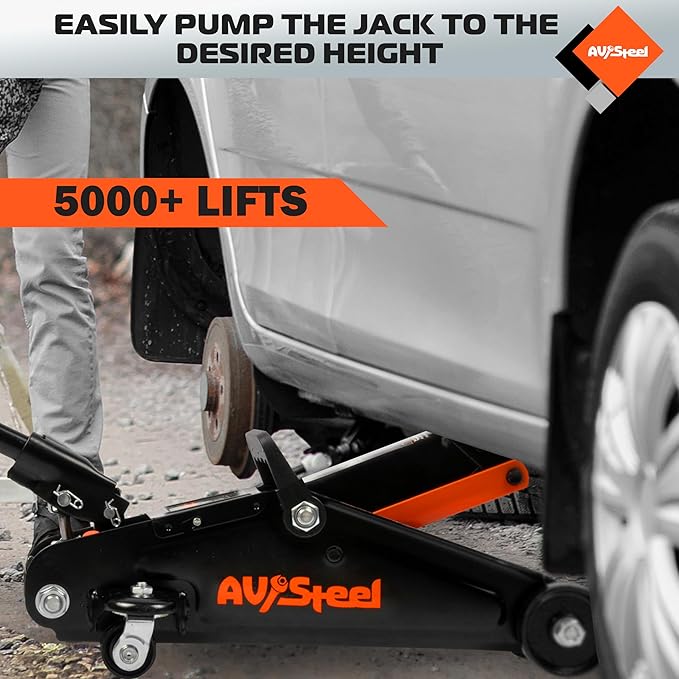 AV Steel Floor Jack 1.5 Ton (3300 lbs), Hydraulic Trolley Jack with Solid Storage Case, Hydraulic Jack for Car with Single Piston Pump, Portable Car Floor Jack with Lifting Range 5-1/8'' to 12''