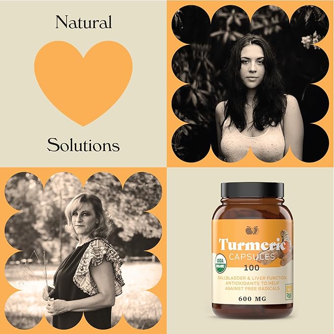 Organic Turmeric Capsules - Raw & Pure Curcumin Root Powder Supplement, 100 Capsules 600mg, Gallbladder, Liver, and Support