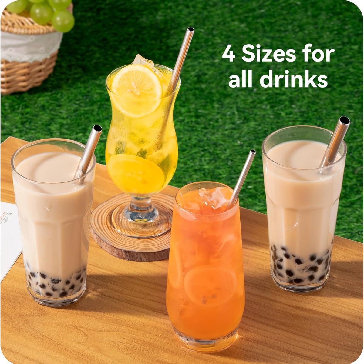 Skiennix 4-Pack Stainless Steel Straw Set - Reusable & Dishwasher Safe - 215mm Length, Multiple Diameters (Black)