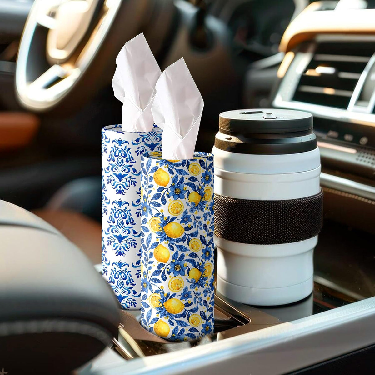 4 Pcs Capri Lemon Round Tissues Box Car Holder Set - Blue & White Mediterranean Lemon Travel Tubes for Car with 50 Sheets Cylinder Face Towel Containers | 2.7" x 7.1" Cup Holder Fit, 4 Unique Designs