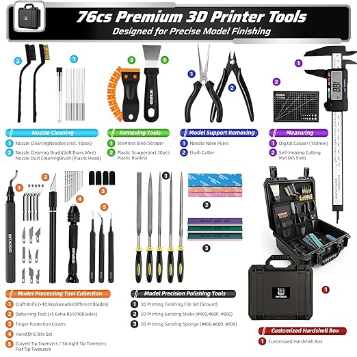 76pcs 3D Printer Tools Kit for Model Finishing/Deburring/Drilling/Polishing