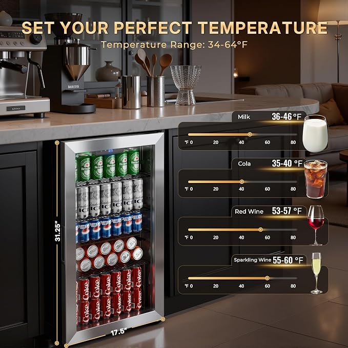 130 Can Beverage Refrigerator, 3.2 Cu.Ft Drink Cooler | Reversible Glass Door, 35–65°F Digital Temperature Display, Adjustable Shelves, Beverage Fridge for Soda, Beer & Wine