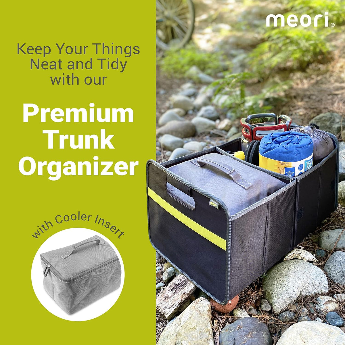 meori Collapsible Trunk Organizer for Car with Cooler for Groceries Road Trips 2 Compartments Heavy Duty Mesh Pocket Ripstop