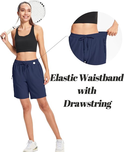MAGCOMSEN Women's Hiking Shorts - Lightweight Quick-Dry, Water-Resistant with 3 Zipper Pockets - 8" Length