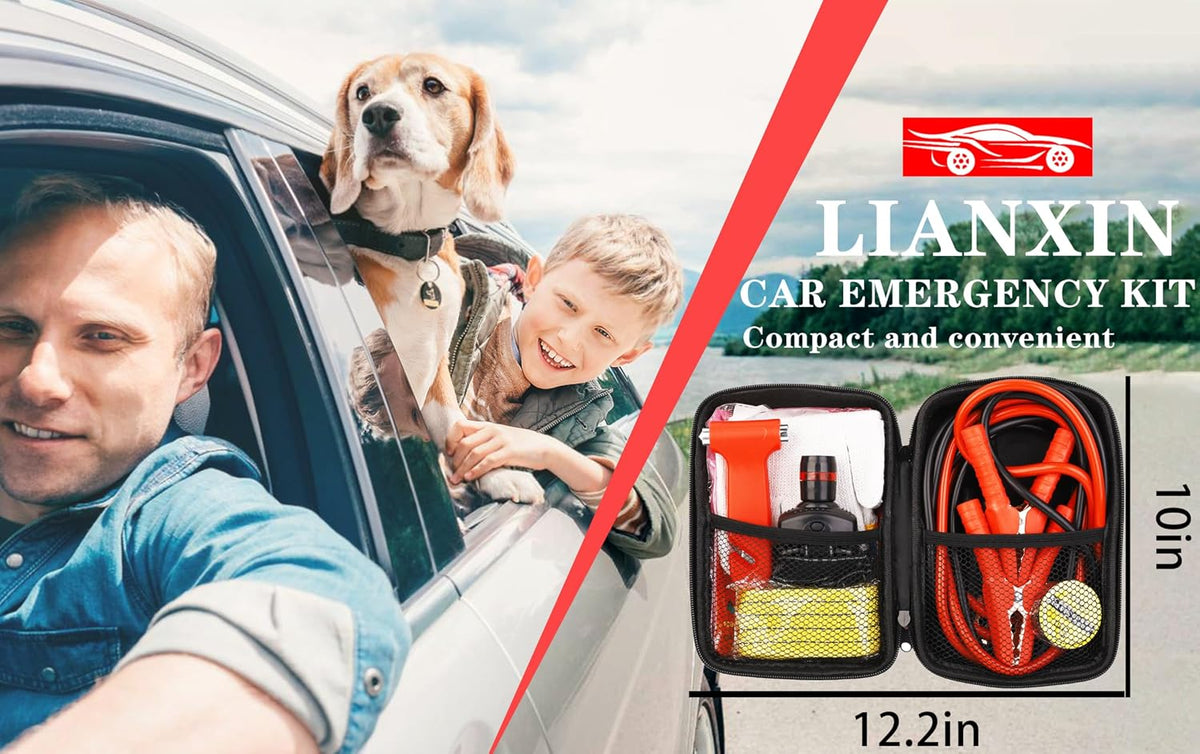 LIANXIN Car Roadside Emergency Kit, with Jumper Cables Automotive Kit,Car Safety Roadside Assistance Kit Headlamp,Tow Straps, Safety Hammers, Rainwear, Gloves.Black