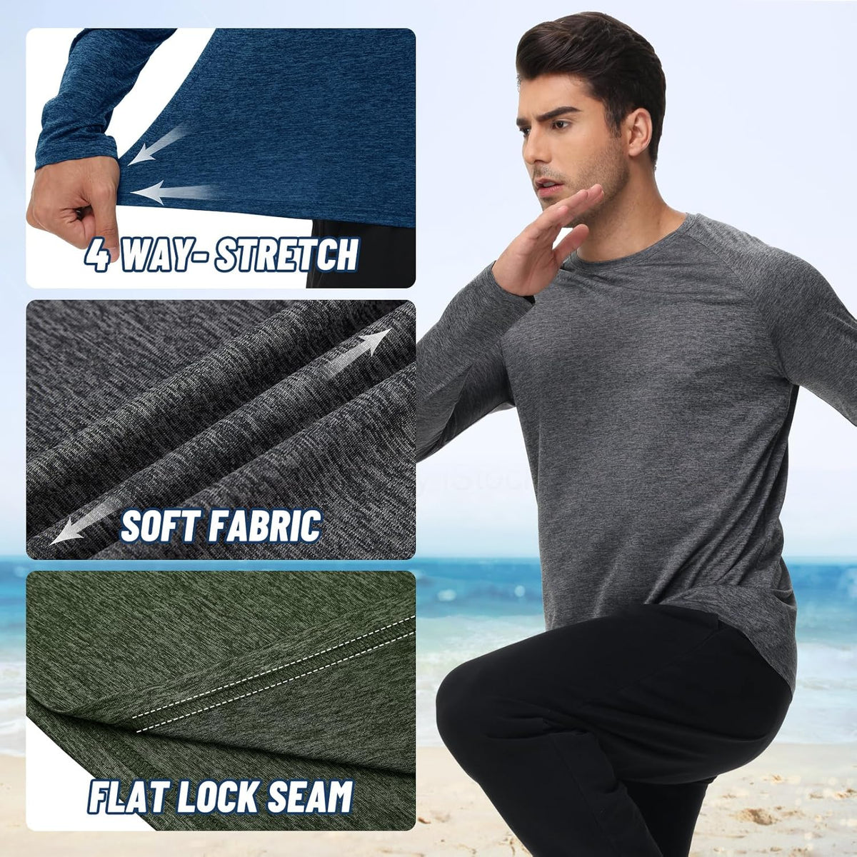 Skiennix Men's Long Sleeve Shirts - Quick Dry UV Protection T-Shirts for Fishing & Gym | 3 Pack