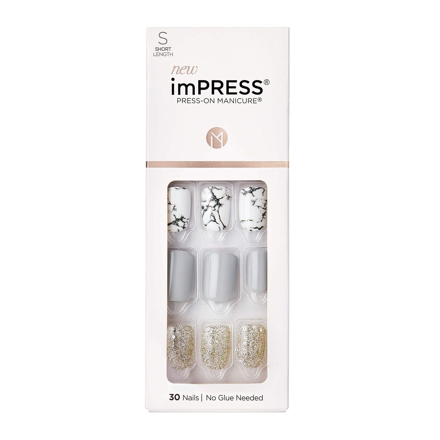 Impress Design, Press On Nails, Knock Out, Gray, Short, Size, Squoval, Shape, Includes 30 Nails, Prep Pad, Instructions Sheet, 1