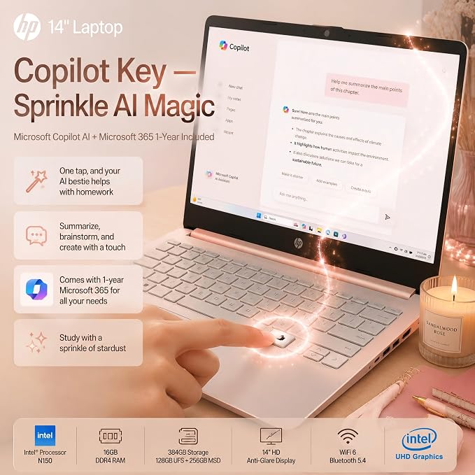 HP 14 Laptop for Students and Home Use, Intel Processor N150, 16GB RAM | 128GB UFS+256GB MSD, 14" HD Display, Wi-Fi 6, 1-Year Microsoft 365, Copilot AI Key, Lightweight, Pale Rose Gold, W/Mouse